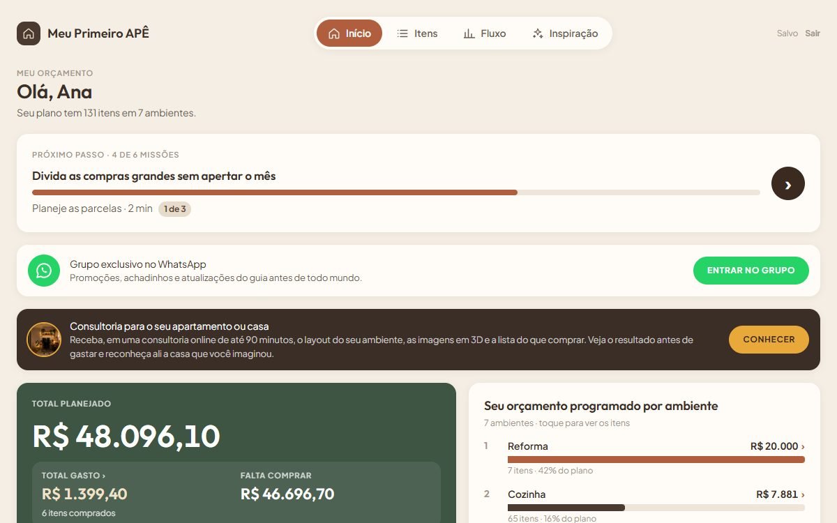 Tela inicial do Guia Meu Primeiro Apê: próximo passo do plano, grupo no WhatsApp, total planejado e orçamento por ambiente (demonstração do sistema)