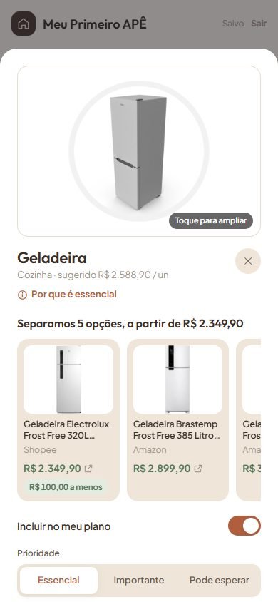 Item Geladeira aberto no celular, com as opções de compra separadas pela curadoria e o link de cada loja (demonstração do sistema)