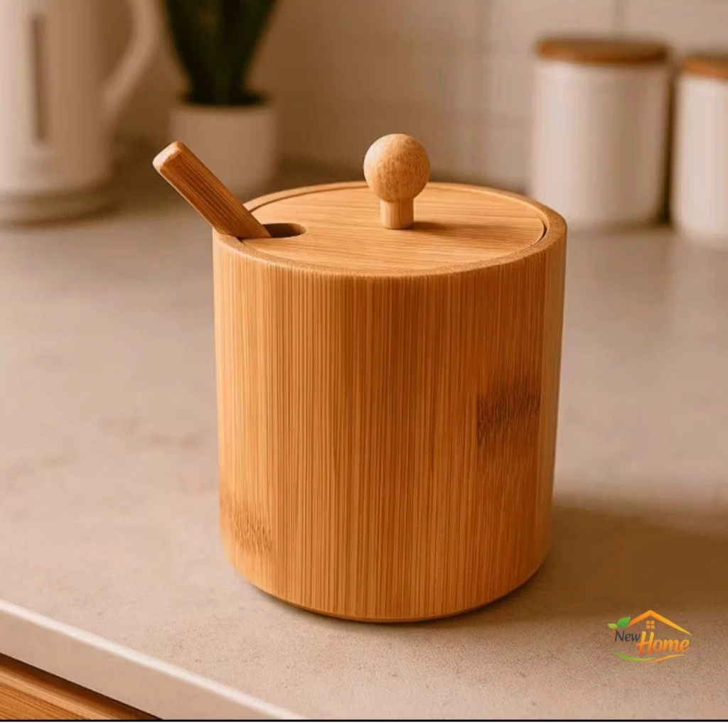 Açucareiro Saleiro Pote Para Café Em Bambu Sustentável Com Colher E Tampa 220ml