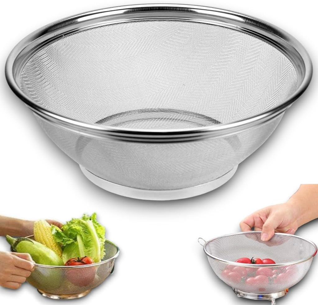 Cesta Escorredor de arroz 25 cm inox multiuso; malha fina; Peneira para lavagem Multiuso
