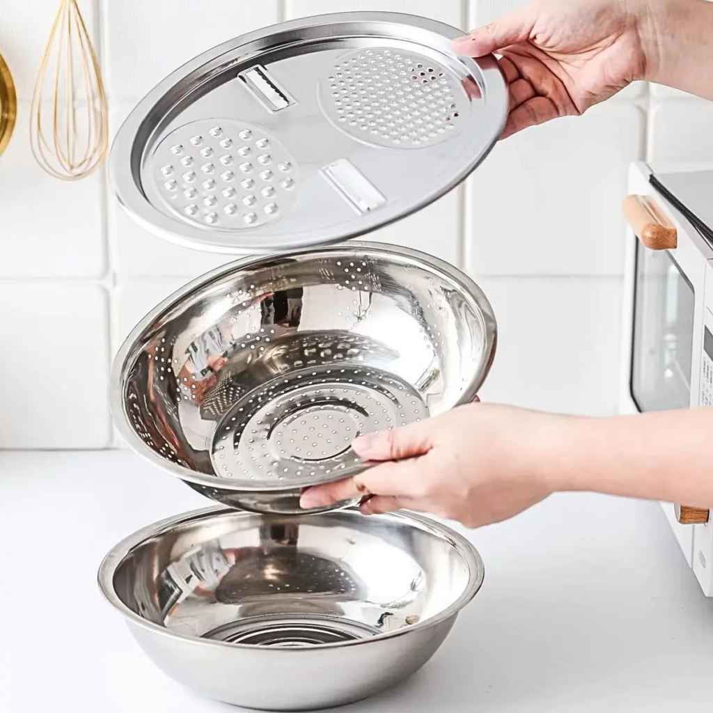 Bowl Kit 3 Em 1 Escorredor Massa Macarrão Ralador Inox