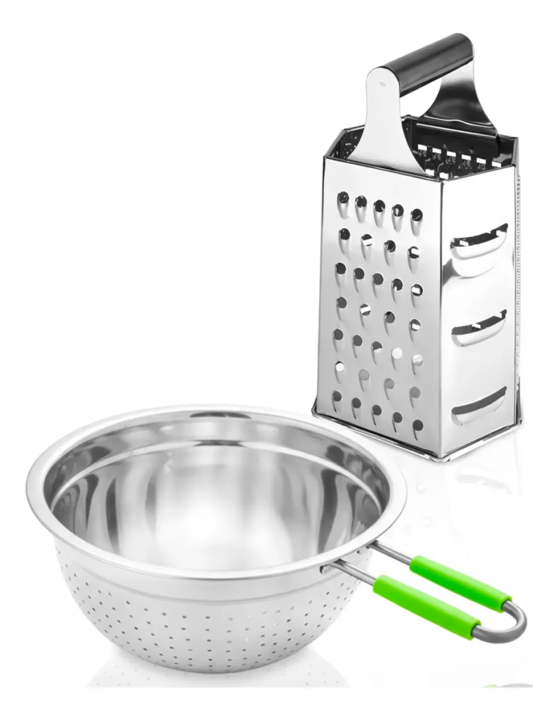 Kit Escorredor De Massas Macarrão E Ralador De Legumes Inox