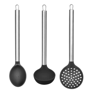 Kit 3 Peças Para Servir (colher/ Concha/ Escumadeira) Silicone Cabo Inox