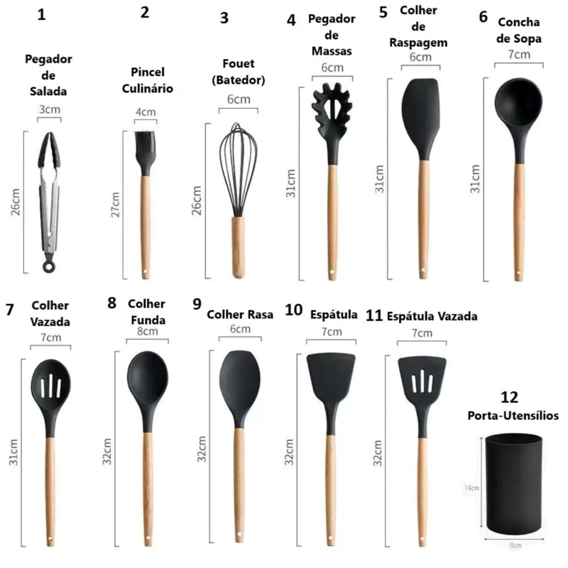 Kit 12 conjunto utensi?lios Silicone De Cozinha Colher escumadeira concha escumadeiras fouet espatula de cozinha