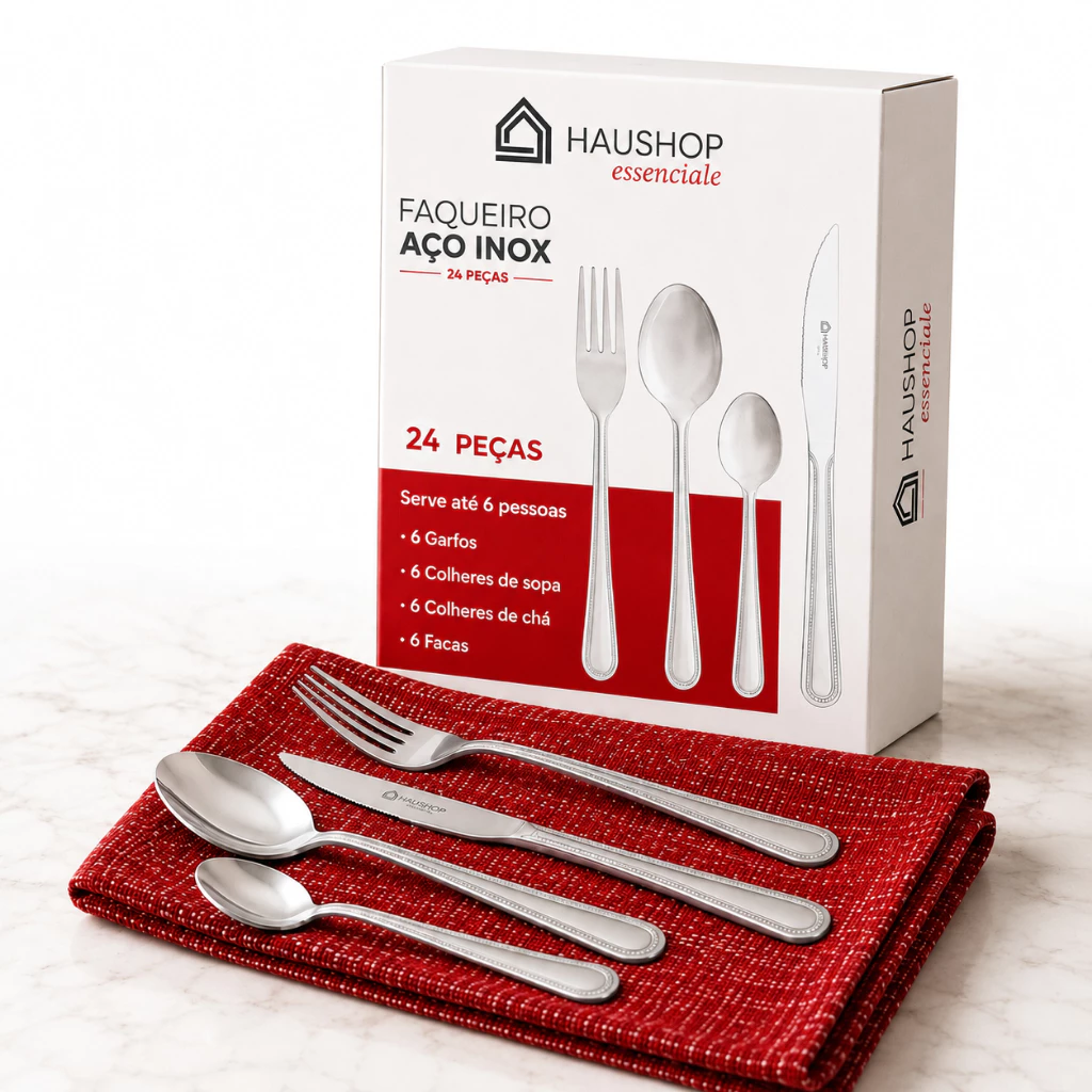 Jogo De Talheres Faqueiro Inox Essenciale Haushop 24 Peças Prateado Completo Qualidade Premium