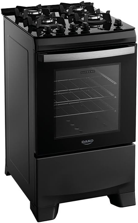 Fogão 4 Bocas Dako Supreme Glass com Mesa de Vidro Preto, Forno de 60L, Acendimento Automático, 55,5 x 67,1 x 89,5 cm, 27 kg
