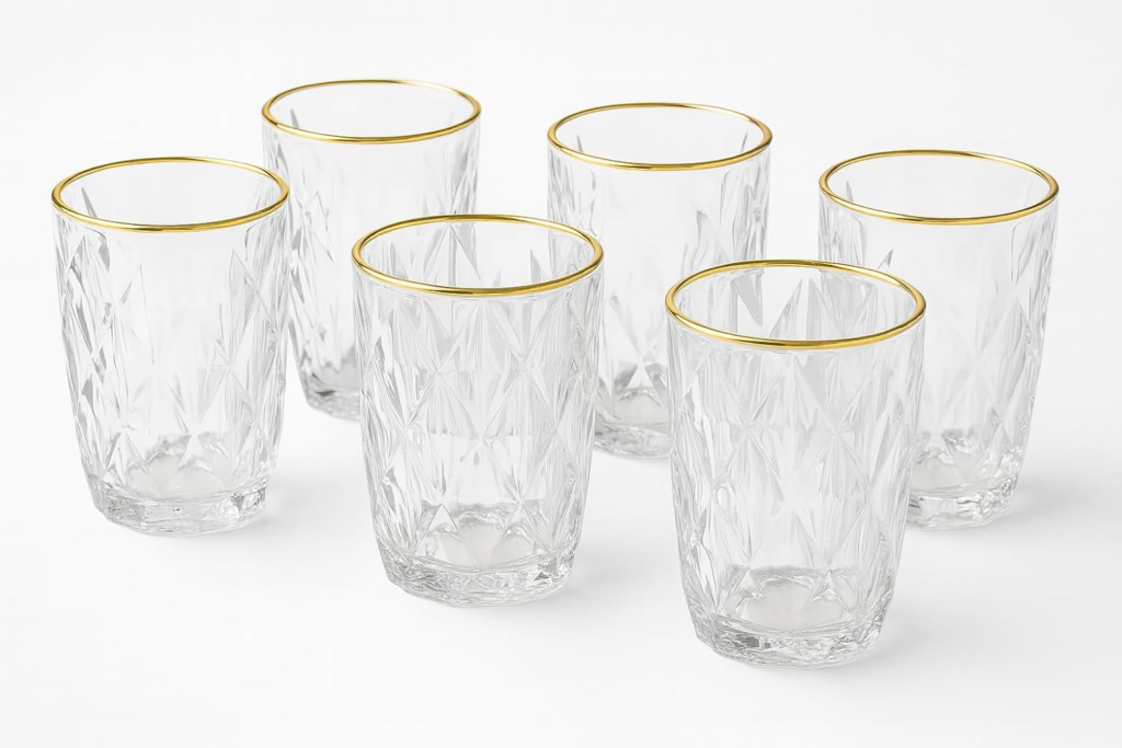 Conjunto 6 Copos de Vidro Lapidado com Borda Dourada, Fio de Ouro – 350 ml
