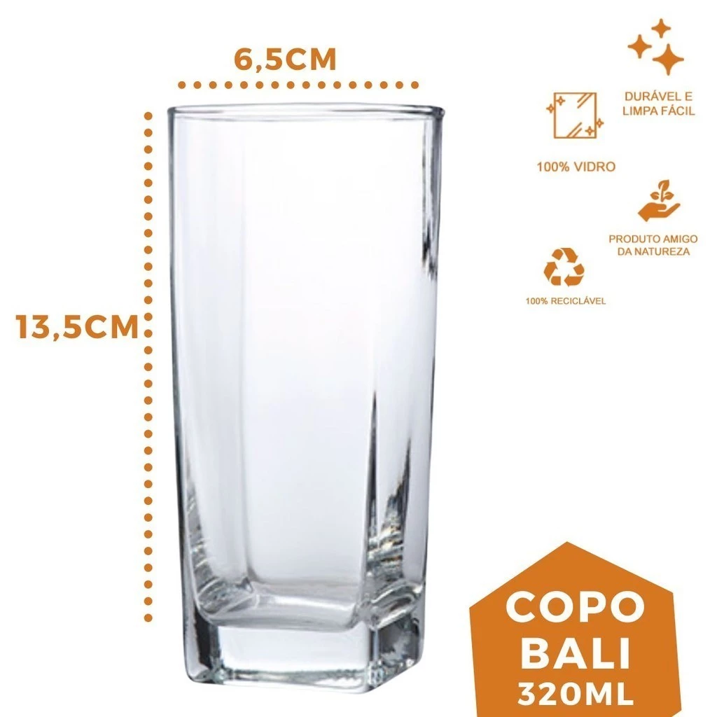 Copo Vidro 320ml Quadrado BALI (6 unidaes)