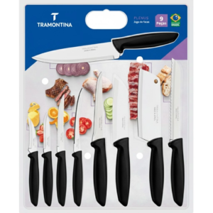 Kit Jogo de Facas Faqueiro Tramontina Plenus 9 Peças Sortidas Chef Carnes Pão Frutas Aço Inox Preto