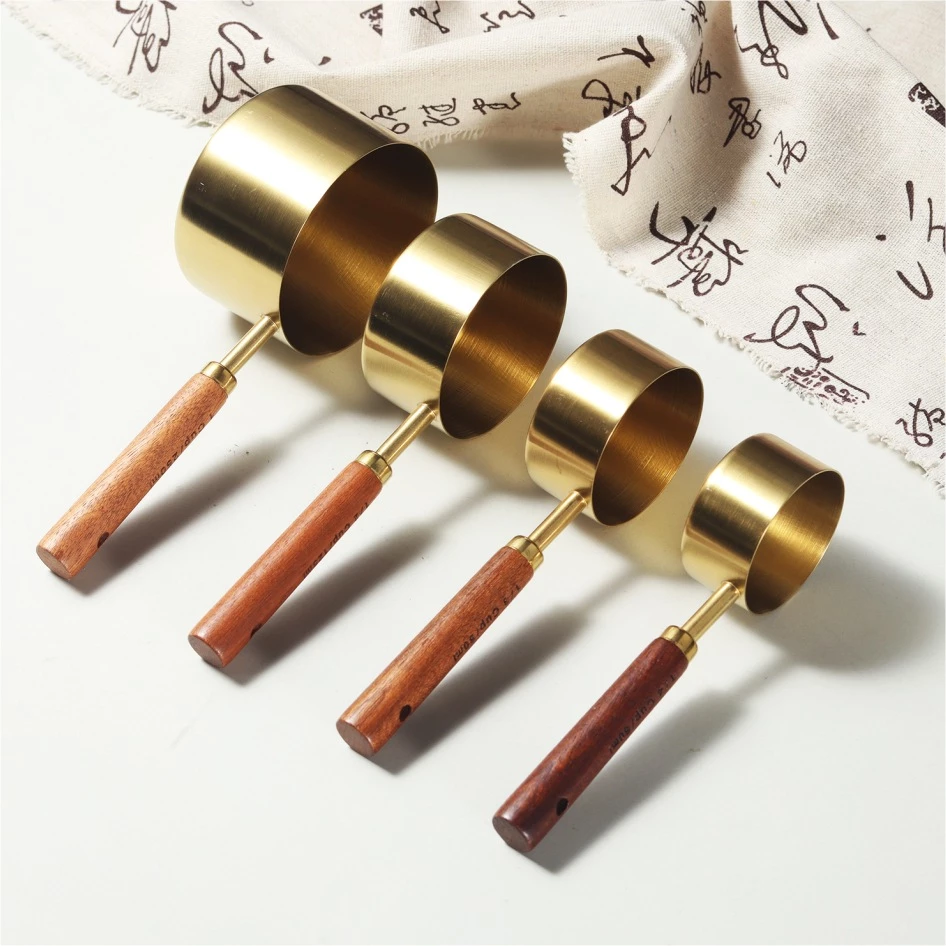 Conjunto De Copo De Colher De Medição De Alça De Nogueira , Ferramentas Café De Cozimento De Aço Inoxidável Dourado
