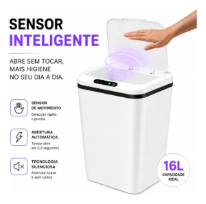 Lixeira Inteligente Automática 16L Sensor Infravermelho Recarregável USB-C 3 Modos Tampa Touch