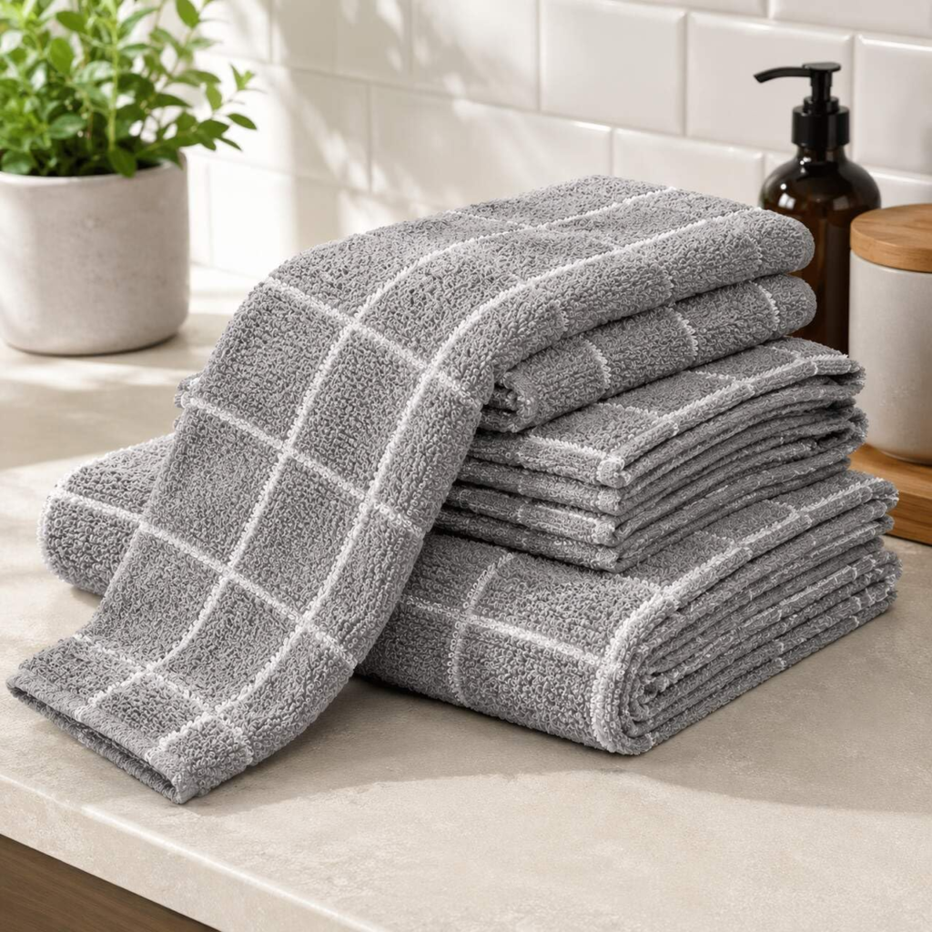 Kit 5 Pano de Prato Atoalhado Chef Premium 100% Algodão Alta Absorção Felpudo Cozinha Listrado Cinza