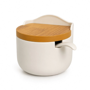 Saleiro Decorativo para Cozinha com Colher Acabamento Cerâmica e Tampa Estilo Bambu