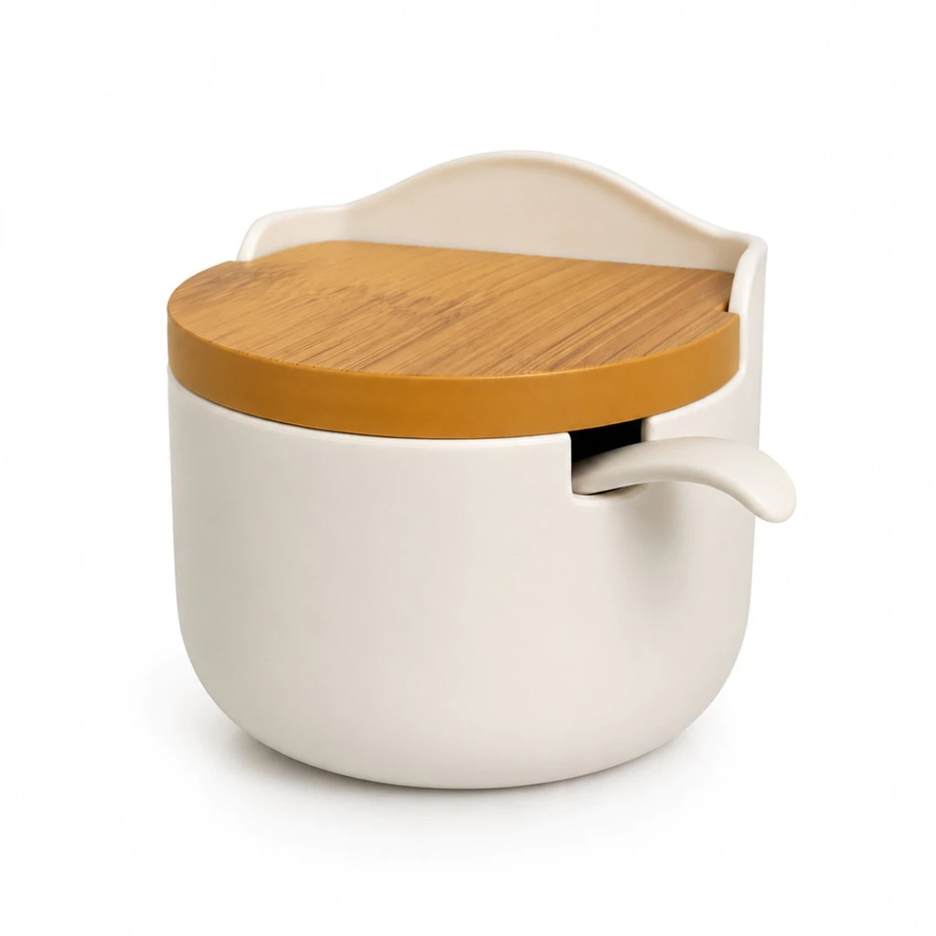 Saleiro Decorativo para Cozinha com Colher Acabamento Cerâmica e Tampa Estilo Bambu