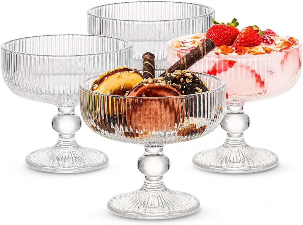 Conjunto de 6 Taças em Vidro – Jogo Canelado para Sobremesa e Sorvete 320ml