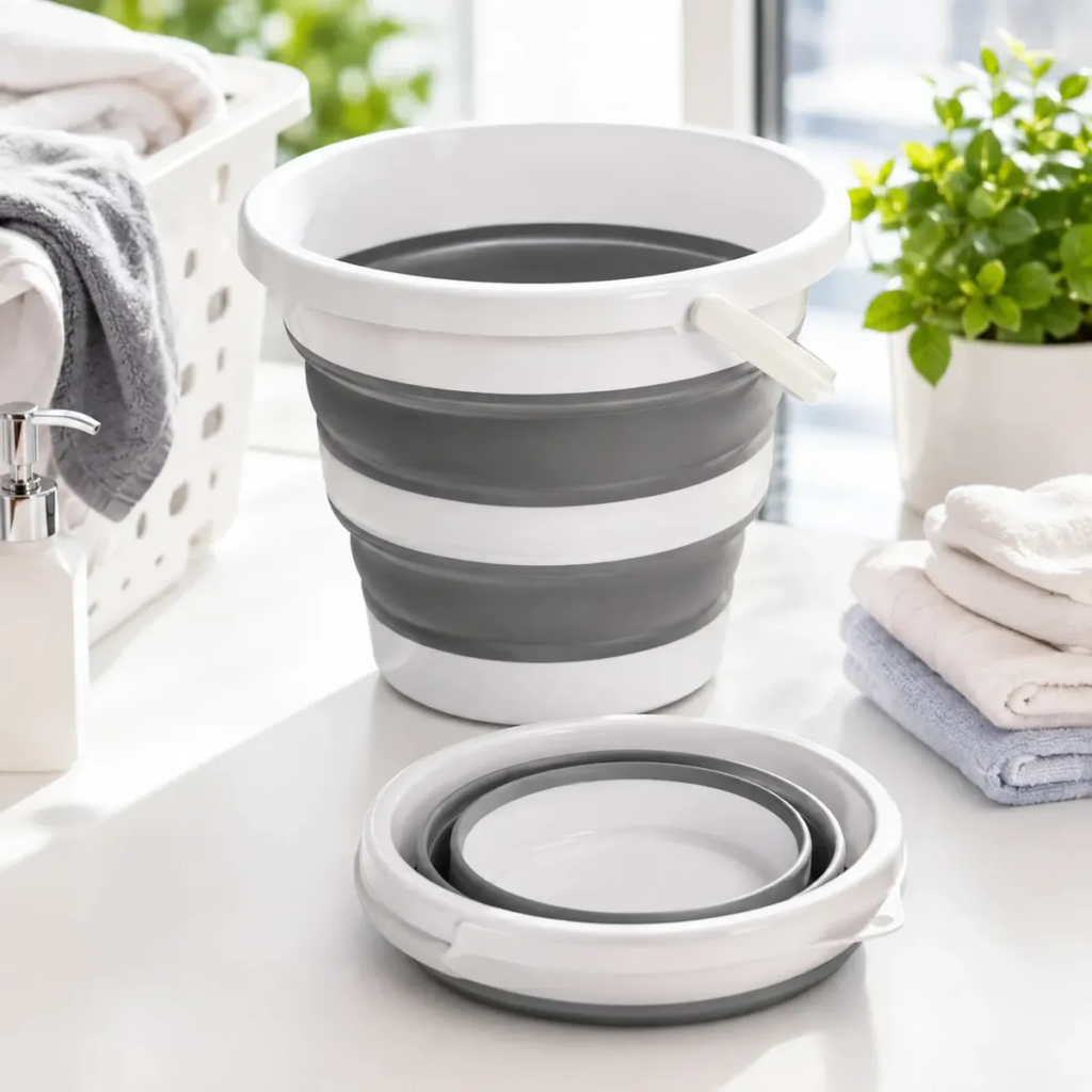 Balde Retrátil Dobrável 10L Silicone Cinza Compacto Multiuso