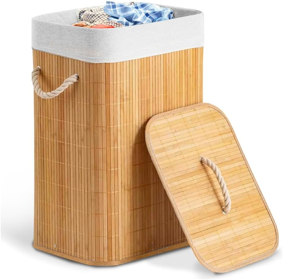 Cesto de Bambu Roupa Suja em Bambu Natural com Tampa 60L Alças de Corda Forro Removível