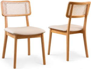 Kit 2 Cadeiras de Jantar Madeira Maciça Estofada em Linho Bege Claro Encosto Rattan
