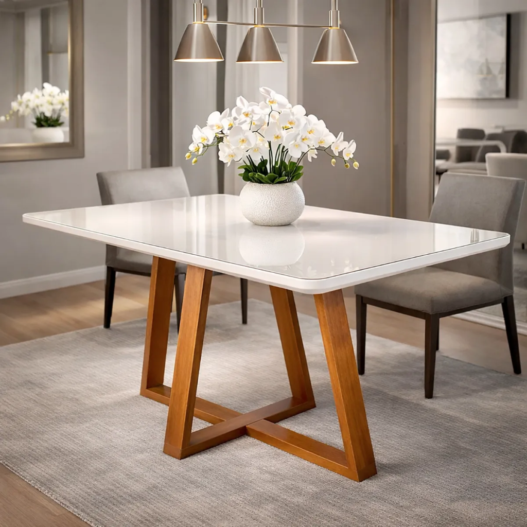 Mesa De Jantar Moderna Com Tampo De Vidro E Base Em Madeira