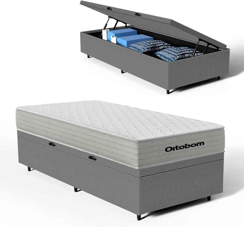 Cama Box Baú com Colchão de Molas Ensacadas Ortobom One Face Plenno Superpocket (Cinza, Solteiro)