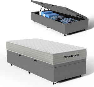 Cama Box Baú com Colchão de Molas Ensacadas Ortobom One Face Plenno Superpocket (Cinza, Solteiro)