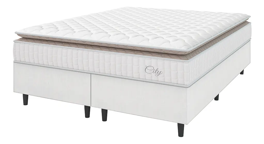 Cama Box Colchão Casal Queen Molas Ensacadas City Pillow Top 158x198x61cm Branco e Bege Hellen