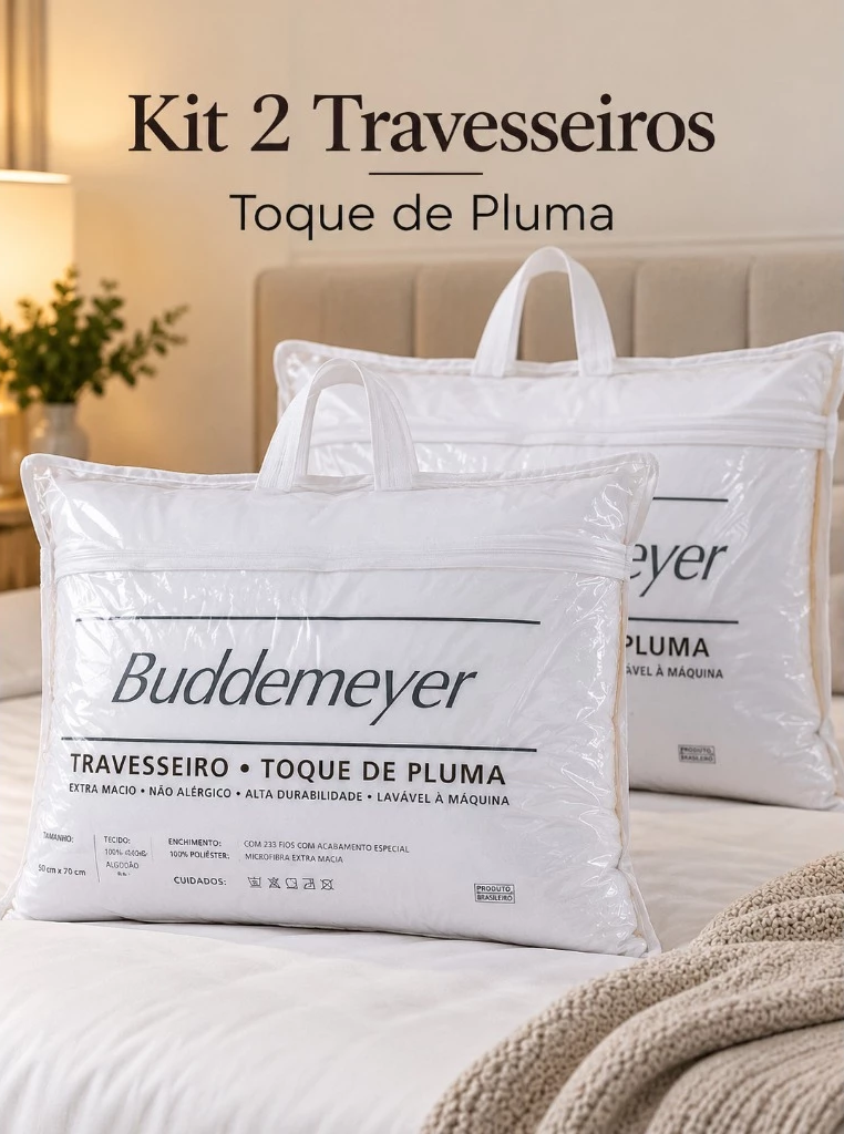 Buddemeyer Travesseiro 50x70cm, Toque de Pluma Algodão Branco