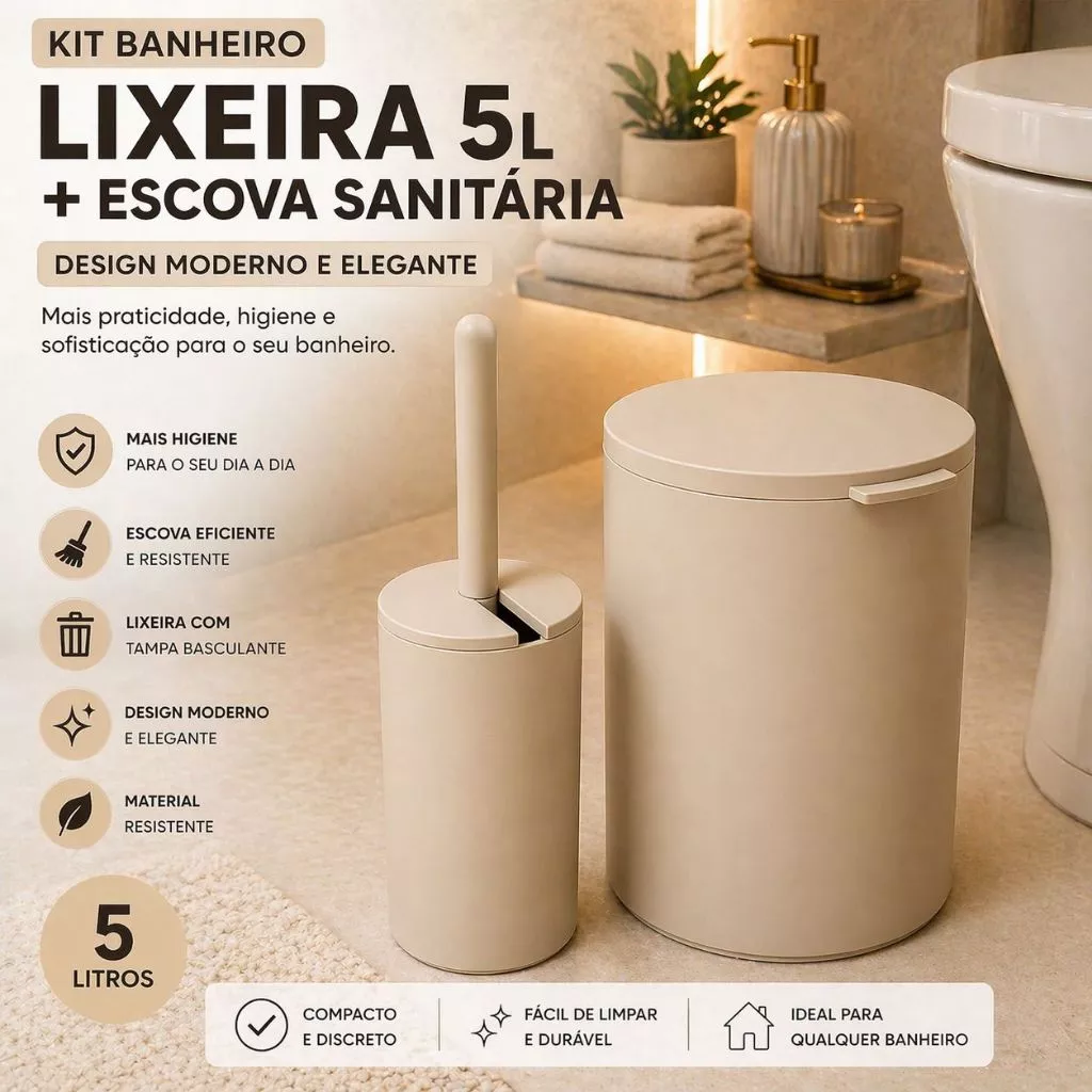 Kit Lixeira Banheiro 5 Litros + Escova Sanitária Suporte Fechado Moderno Premium