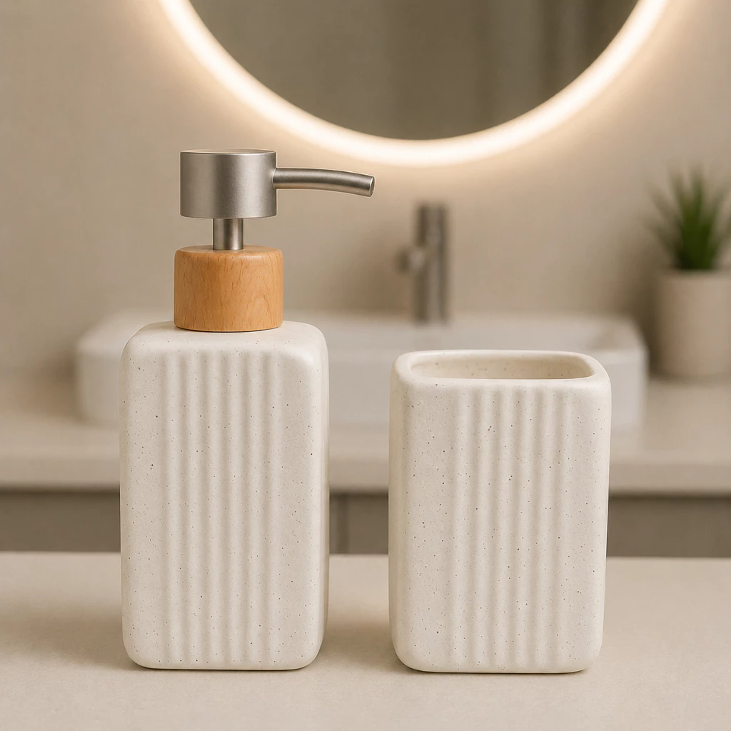 Kit Banheiro Lavabo 3 Peças Dispenser Sabonete Líquido Porta Escova com Bandeja Suporte Bambu Natural