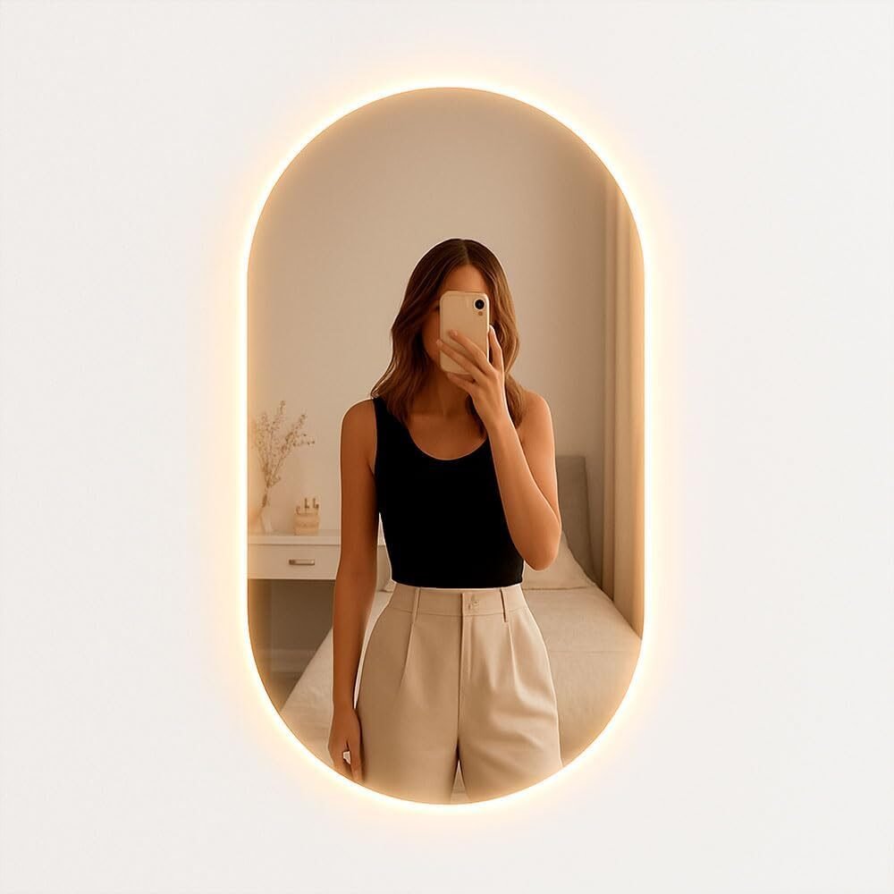 Espelho Oval Led Grande de Parede Sem Fio 80cm Suporte (Led Quente, 40x50cm)