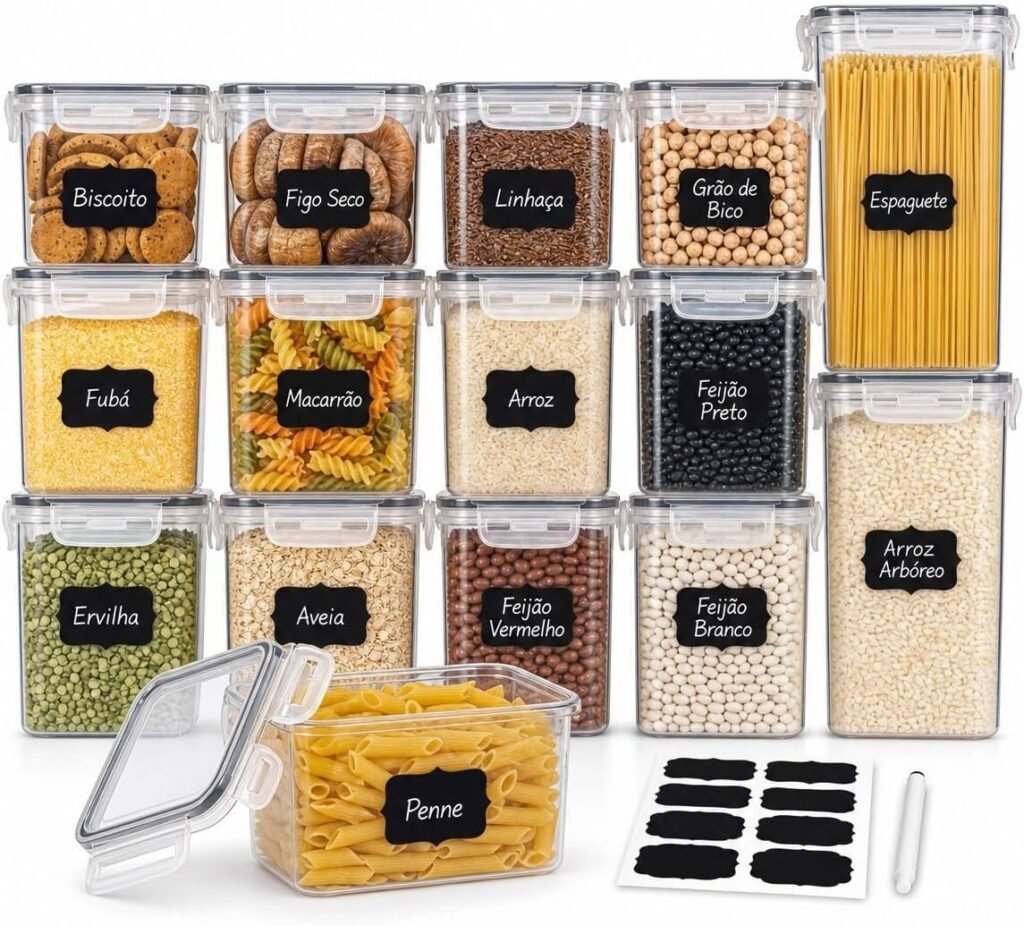 Kit 15 Potes Herméticos para Mantimentos com Etiquetas e Caneta, Organizadores de Cozinha, Livre de BPA, Empilháveis, Tampa com Trava Lateral e Vedação em Silicone, 4 Tamanhos 0,8L a 2,8L