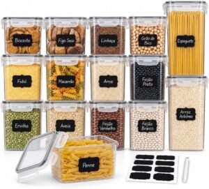 Kit 15 Potes Herméticos para Mantimentos com Etiquetas e Caneta, Organizadores de Cozinha, Livre de BPA, Empilháveis, Tampa com Trava Lateral e Vedação em Silicone, 4 Tamanhos 0,8L a 2,8L