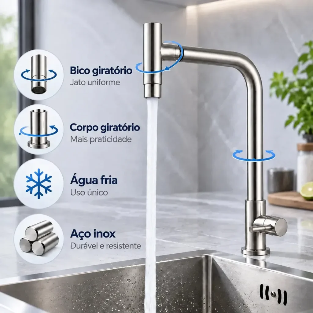 Torneira Cozinha de Bancada Inox Escovada Água Fria Bica Alta Bico Articulável com Arejador