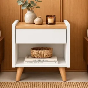 Mesinha de Cabeceira criado com gaveta para quarto de casal ou solteiro na cor Nature Amadeirado Branco Fosco Retro Luxo