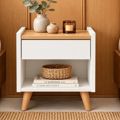 Mesinha de Cabeceira criado com gaveta para quarto de casal ou solteiro na cor Nature Amadeirado Branco Fosco Retro Luxo