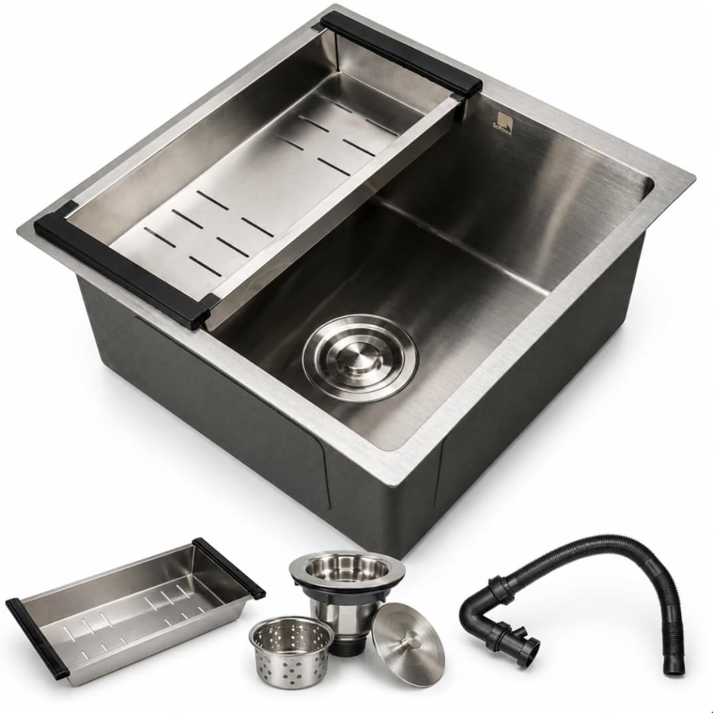 Cuba Pia Cozinha Aço Inox 304 Escovada Gourmet Pequena Quadrada Embutir ou Sobrepor Funda 44×44 SOFTINOX