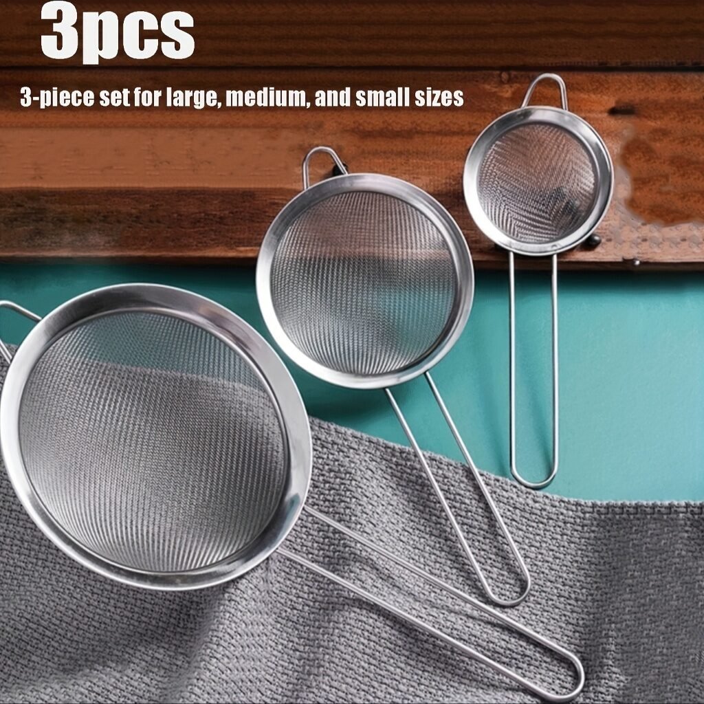 Kit 3 Peças Peneira Coador Em Aço Inox Para Cozinha – 3 Tamanhos P M G 8/10/12 cm